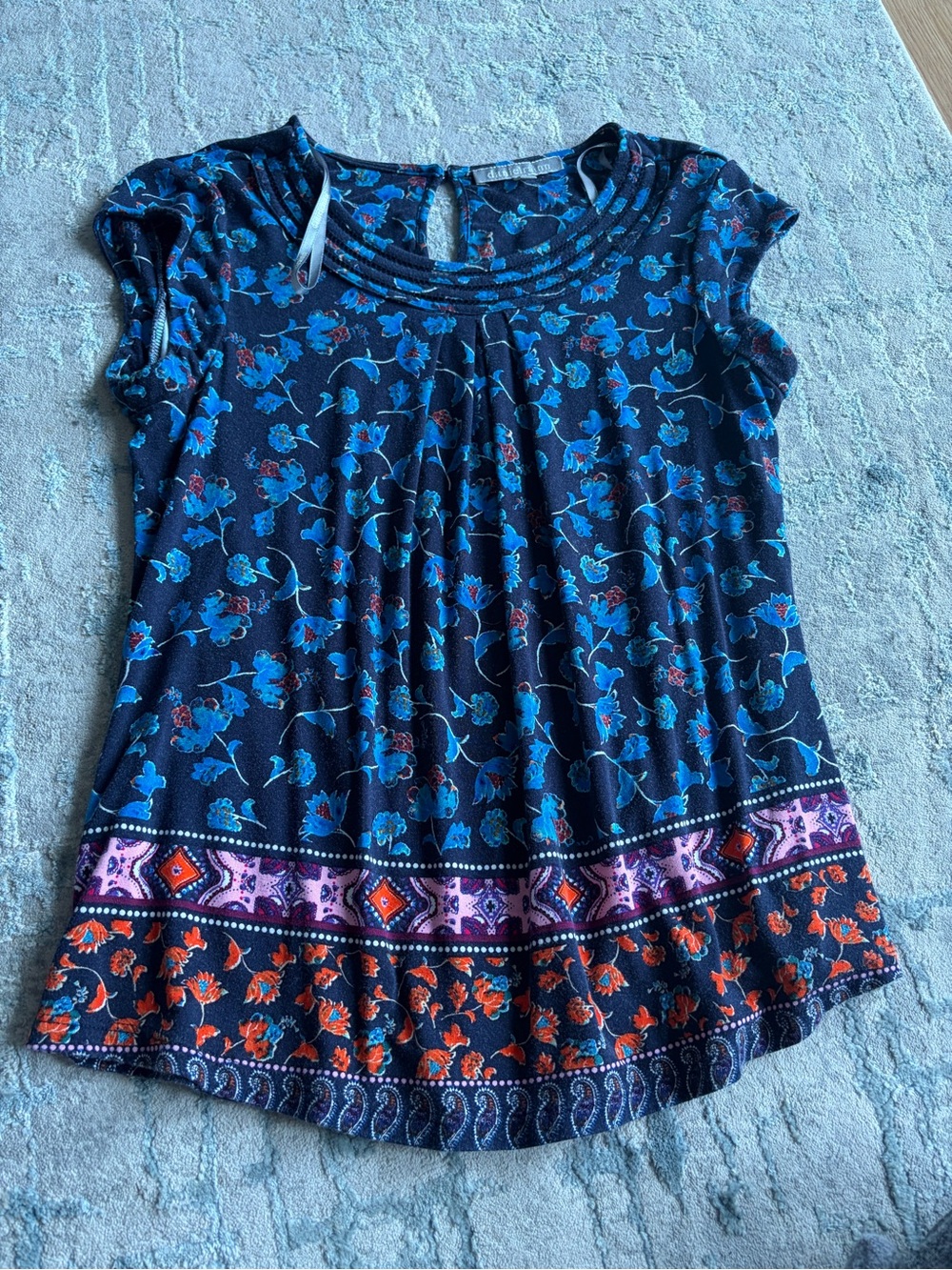 Daniel Rainn Navy Blue Floral Cap Sleeve Top with Pink & Orange Border
